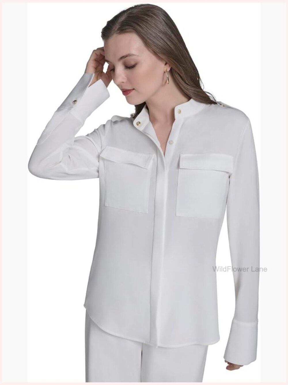 Long Sleeve Button Up Mandarin Collar Blouse Pocket Front